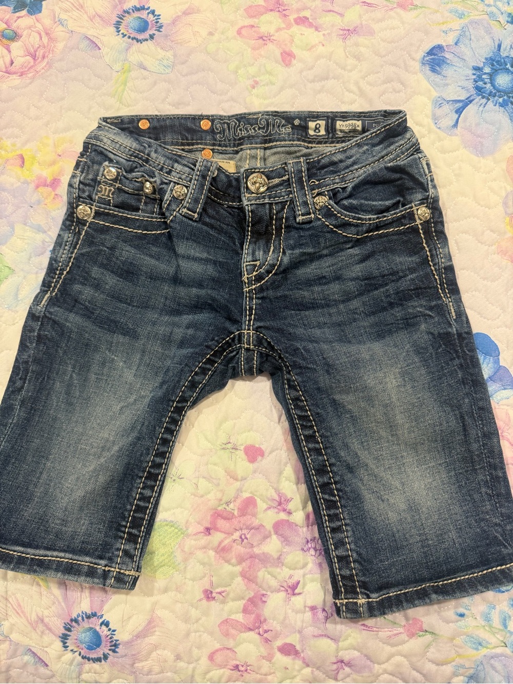 Miss Me Girls Dark Wash Denim Shorts with Contrast Stitching - Blue